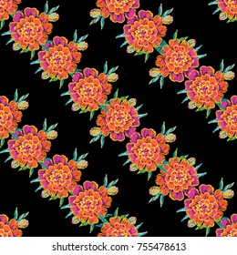 Vintage marigold flower diagonal stripes seamless pattern. Bright traditional illustration on black background for fabric design in watercolor style.