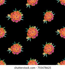 Vintage marigold flower seamless pattern. Bright traditional illustration on black background for fabric design in watercolor style.