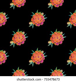 Vintage marigold flower seamless pattern. Bright traditional illustration on black background for fabric design in watercolor style.