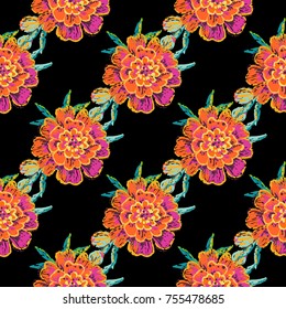 Vintage marigold flower seamless pattern. Bright traditional illustration on black background for fabric design in watercolor style.