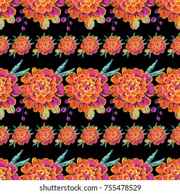 Vintage marigold flowers horizontal stripes seamless pattern. Bright traditional illustration on black background for fabric design in watercolor style.