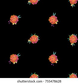 Vintage marigold flowers seamless pattern. Bright traditional illustration on black background for fabric design in watercolor style.