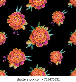 Vintage marigold flowers seamless pattern. Bright traditional illustration on black background for fabric design in watercolor style.