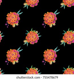 Vintage marigold flowers seamless pattern. Bright traditional illustration on black background for fabric design in watercolor style.