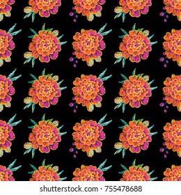 Vintage marigold flowers seamless pattern. Bright traditional illustration on black background for fabric design in watercolor style.