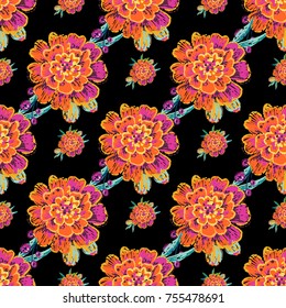 Vintage marigold flowers seamless pattern. Bright traditional illustration on black background for fabric design in watercolor style.