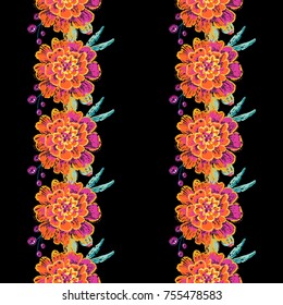 Vintage marigold flowers vertical stripes seamless pattern. Bright traditional illustration on black background for fabric design in watercolor style.