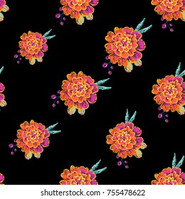 Vintage marigold seamless pattern. Bright traditional illustration on black background for fabric design in watercolor style.