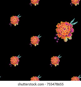 Vintage marigold seamless pattern. Bright traditional illustration on black background for fabric design in watercolor style.