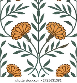 Vintage Ringelblume nahtlose Fliesenmuster mit antiken Orangenfarben und gedeckten Grüns perfekt für klassische Wohnzimmer Konzept als antike Orangenfarben und gedeckte Grüns schaffen vintage nahtlose Fliesenmuster für klassische Wohnzimmer in Foto Stock Konzept und leeren Raum auf der linken Seite, kein Text —ar 7:2 —tile