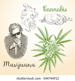 Vintage Marijuana And Smoke Vector. Set 1