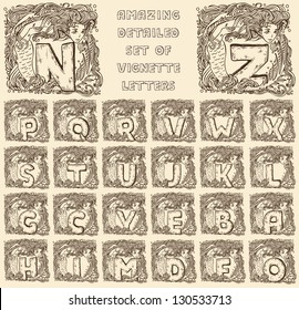 vintage marine alphabet - engraved letters in vignettes of mermaids - full set, ready to use