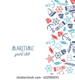 Vintage marine background with hand drawn ship anchor lighthouse fish flag starfish seashell coral steering wheel vector illustration