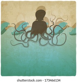 Vintage marine background with octopus - vector illustration
