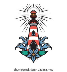 Vintage marine colorful tattoo concept with lighthouse flower and sea waves isolated vector illustration