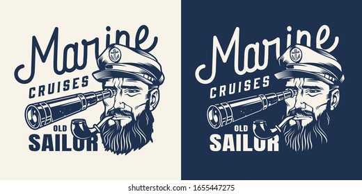 Vintage marine cruise monochrome label with sailor with smoking pipe looking through spyglass isolated vector illustration