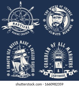 Vintage marine emblems with ship wheel lighthouse and sea captain head with smoking pipe in monochrome style isolated vector illustration
