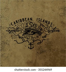 vintage marine label design with grunge effect,sailor hat hand made drawing