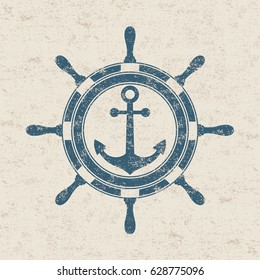 Vintage marine label is ship's wheel and anchor. Vector illustration.