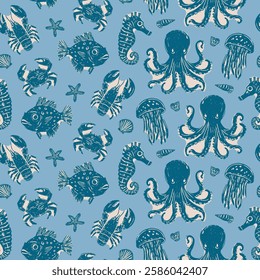 Vintage Marine Life with Octopus, Seahorse, and Fish Pattern. Hand-drawn octopuses, seahorses, fish, crabs, and jellyfish in blue on a light blue, vintage ocean-inspired design, nautical themes.