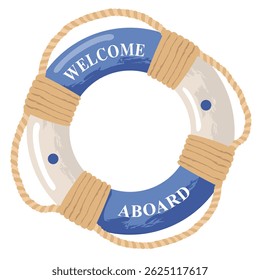 Vintage marine lifebuoy tied with ropes with the inscription Welcome on board. A blue lifebuoy with a rope. Illustrated vector clipart.