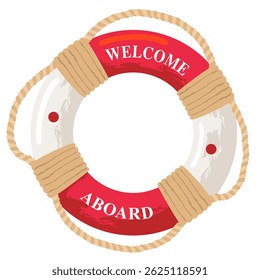 Vintage marine lifebuoy tied with ropes with the inscription Welcome аboard. A red lifebuoy with a rope. Illustrated vector clipart.