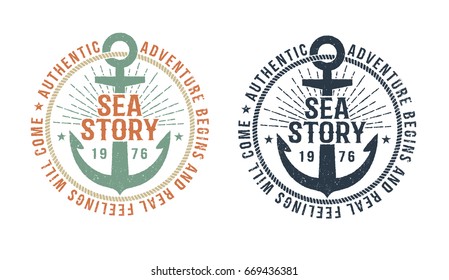 Vintage marine logo, tattoo with anchor and inscription sea story. Monochrome and color version. Worn texture on a separate layer and can be disabled.