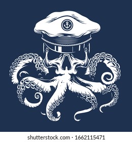 Vintage marine monochrome concept with skull in sea captain hat with tentacles isolated vector illustration