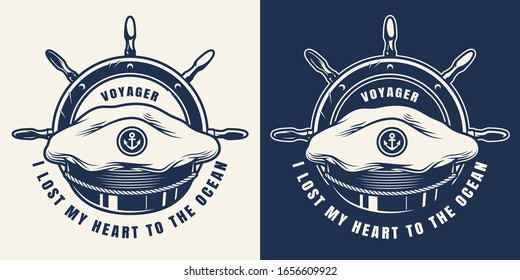 Vintage marine monochrome emblem with sea captain hat and ship wheel isolated vector illustration