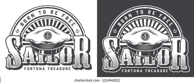 Vintage Marine And Nautical Logo With Inscription And Sea Captain Hat In Monochrome Style Isolated Vector Illustration