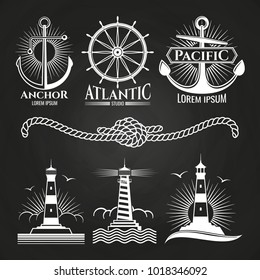 Vintage marine nautical logos and emblems with lighthouses anchors rope. Eemblem and badge, vintage logo marine, nautical lighthouse, vector illustration