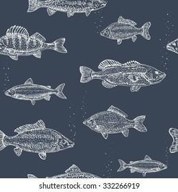 Vintage marine pattern. Hand drawn sketch vector illustration of different fish. seamless pattern