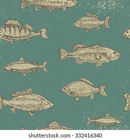 Vintage marine pattern. Hand drawn sketch vector illustration of different fish. seamless pattern