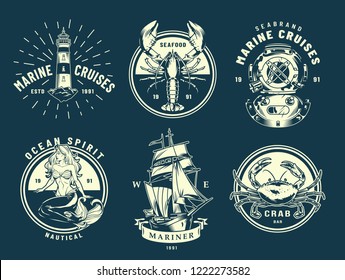 Vintage marine and sea labels with lighthouse mermaid lobster crab ship diver helmet in monochrome style isolated vector illustration