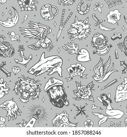 Vintage marine seamless pattern with sea captain wolf tiger heads mermaid swallow diving helmet knives dagger horseshoe shark anchor padlock crown eagle lighthouse hearts vector illustration