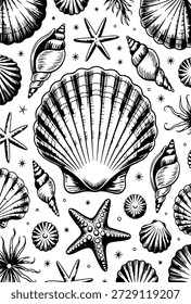 Vintage Marine Shell sem emenda padrão ilustração. Concha vieira e padrão náutico sem emenda Starfish. Projeto de fundo de concha marinhas vida projeto. Padrão De Vetor Desenhado À Mão De Concha Costeira. 