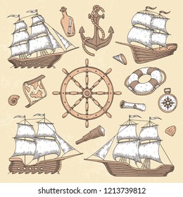 Vintage marine ships. Old cartouche frame, ship anchor and sea wheel with ancient compass. Ocean sailboat insignia, maritime nautical antique sail boat retro vector illustration icons set