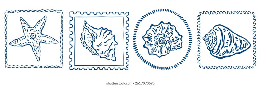 Vintage marine stamp with hand drawn seashells. Minimalist vintage marine prints. Summer coastal design elements for trendy poster, invitation, banner, menu cover. Retro frame or border design