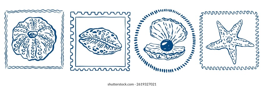 Vintage marine stamp with hand drawn seashells. Minimalist vintage marine prints. Summer coastal design elements for trendy poster, invitation, banner, menu cover. Retro frame or border design