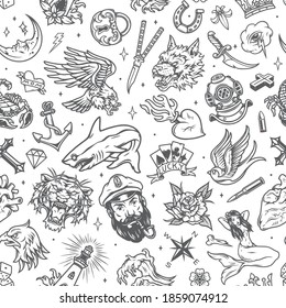 Vintage marine tattoos seamless pattern with sea and nautical elements in monochrome style vector illustration