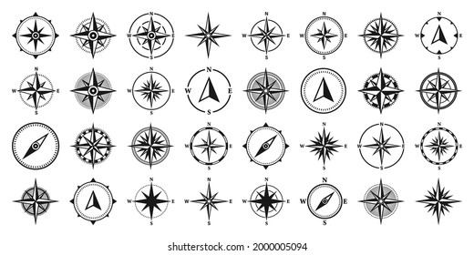 Vintage marine wind rose, nautical chart. Monochrome navigational compass with cardinal directions of North, East, South, West. Geographical position, cartography and navigation. Vector illustration.