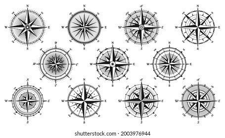 Vintage marine wind rose, nautical chart. Monochrome navigational compass with cardinal directions of North, East, South, West. Geographical position, cartography and navigation. Vector illustration.