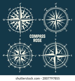 Vintage marine wind rose, nautical chart. Monochrome navigational compass with cardinal directions of North, East, South, West. Geographical position, cartography and navigation. Vector illustration.