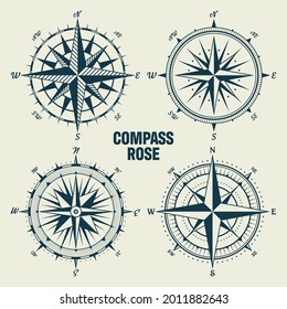 Vintage marine wind rose, nautical chart. Monochrome navigational compass with cardinal directions of North, East, South, West. Geographical position, cartography and navigation. Vector illustration.