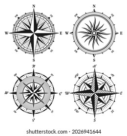 Vintage marine wind rose, nautical chart. Monochrome navigational compass with cardinal directions of North, East, South, West. Geographical position, cartography and navigation. Vector illustration.