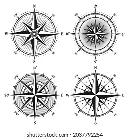 Vintage marine wind rose, nautical chart. Monochrome navigational compass with cardinal directions of North, East, South, West. Geographical position, cartography and navigation. Vector illustration.