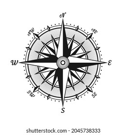 Vintage marinen Wind stieg, nautische Karte. Monochrome Navigationskompass mit Kardinalrichtungen in Nord, Ost, Süd, West. Geografische Position, Kartographie und Navigation. Vektorgrafik.