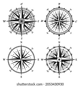Vintage marine wind rose, nautical chart. Monochrome navigational compass with cardinal directions of North, East, South, West. Geographical position, cartography and navigation. Vector illustration.