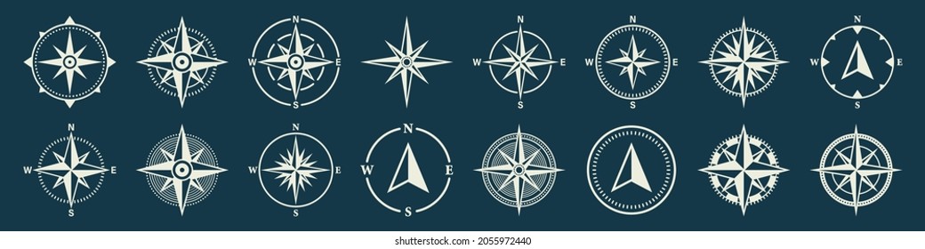 Vintage marine wind rose, nautical chart. Monochrome navigational compass with cardinal directions of North, East, South, West. Geographical position, cartography and navigation. Vector illustration.