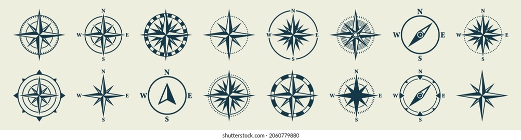 Vintage marine wind rose, nautical chart. Monochrome navigational compass with cardinal directions of North, East, South, West. Geographical position, cartography and navigation. Vector illustration.